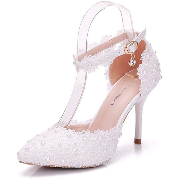 Wedding Heel Sandals White Lace Pearls Wedding Shoes Pointed Toe Bridal Shoe - Picture 1 of 7